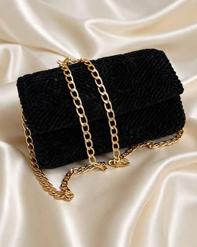 Classy Black Velvet Woven Crossbody Bag with Gold Chain Strap