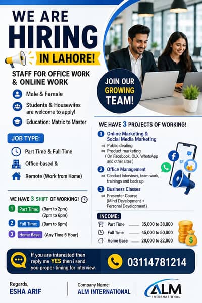 We Are Hiring in Lahore – Office & Online Jobs | Male & Female