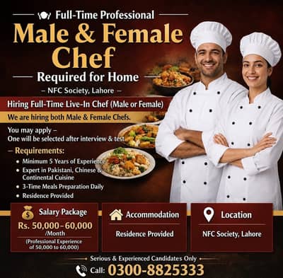 Male & Female Chef Required for Home