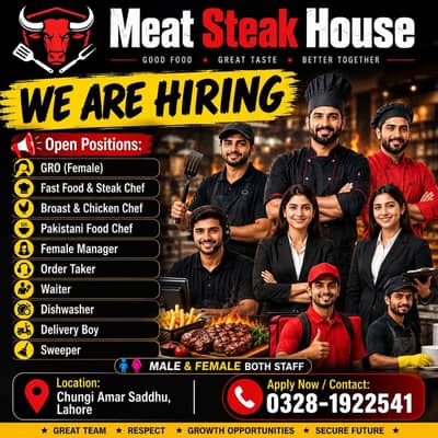 Restaurant Staff Required in Lahore | Chef , Waiter , Female Manager