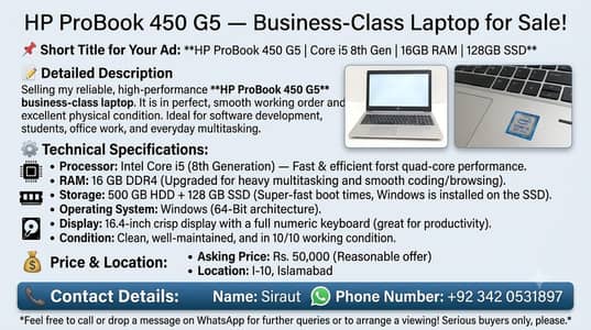 Hp laptop probook 450G5