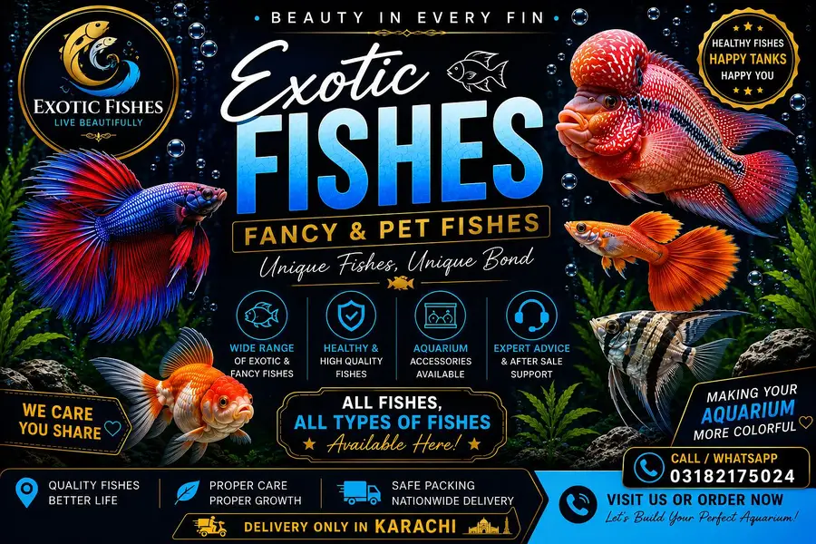 All types of fishes available like molly, guppy, gold fish, betta