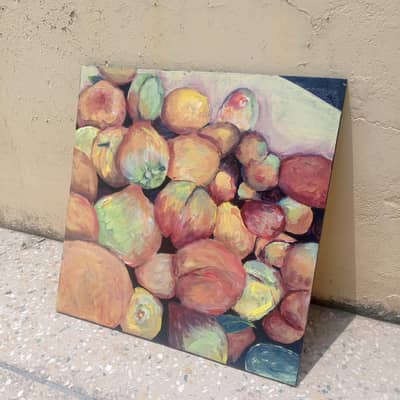 still life painting of peaches  on canvas