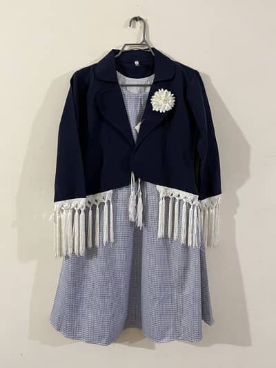Trendy 2-Piece Dress with Navy Blue Fringe Jacket