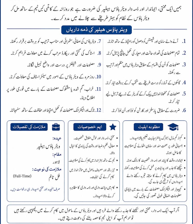 Computer Warehouse Helper Needed - ویئر ہاؤس ہیلپر 0