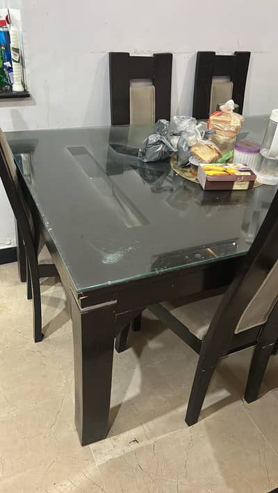 6-Seater Solid Wood Dining Table with Glass Top & Chairs