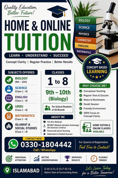 Home & Online Tuition Available – Islamabad