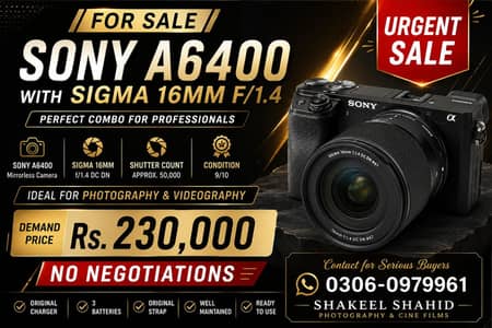 Like New Camera Sony 6400 + Sigma 16mm 1.4 Urgent Sale reason  Upgrad