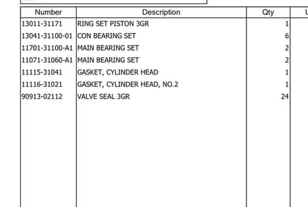 Genuine  (orignal) toyota 3GR-FSE engine parts. Japan import.