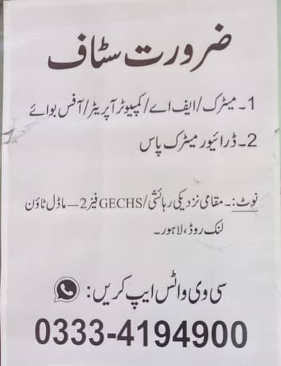 ڈرائیور برائے گھریلو/دفتری ڈیوٹی