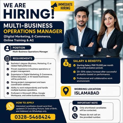 Operations Manager (Digital Marketing, E-Commerce Online Training AI)