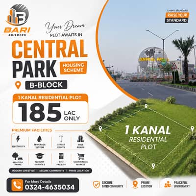 1 Kanal Residential Plot for Sale in B-Block, Central Park Housing Scheme Lahore | Demand 1.85 Crore