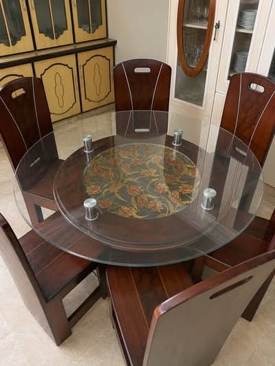 6 Seater Wooden Dining Table with Glass Top – Excellent Condition