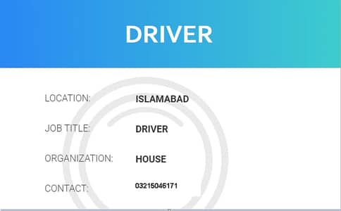 Driver required for home near golra, E11