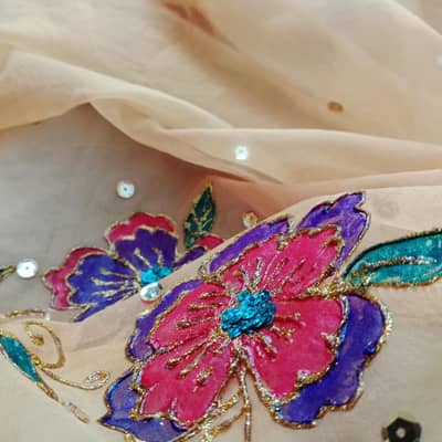 mustard yellow hand painted pure organza dupatta