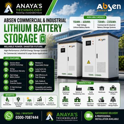 Absen Lithium Battery Storage | 15kWh to 235kW Solar Battery Pakistan