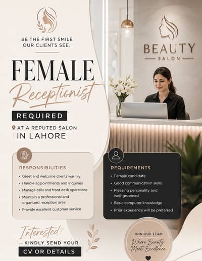 Receptionist required in Lahore