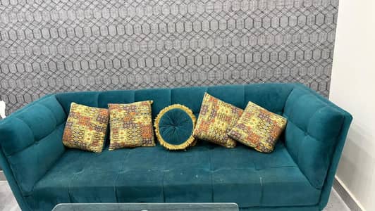 Velvet Sea Green 6 Seater Sofa, Cusion's with Table