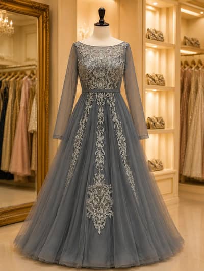 Grey Embroidered Party Maxi