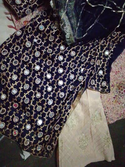stitched 3 piece navy blue mirror work party suit