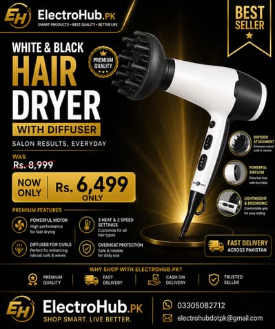 Professional Hair Dryer with Diffuser | Fast Drying | 3 Heat & 2 Speed
