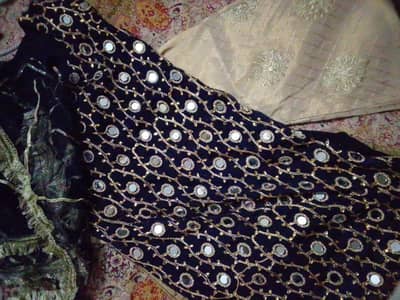 Stitched 3 piece navy blue mirror work party suit