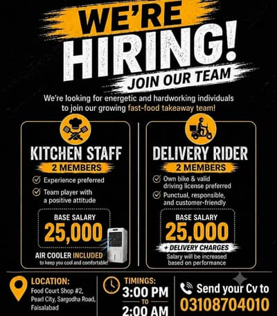 Experienced Kitchen Staff Needed fast food, Faisalabad 03108704010