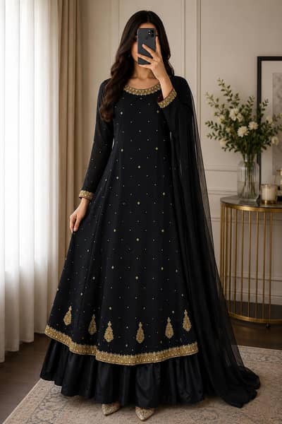 Black & Gold Embroidered Formal Gown Set | Premium Party Wear