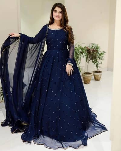 Never blue Pearl Embroiderd Maxi with Lace Duppata 3pcs