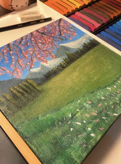 Painting of sakura tree with beautiful view