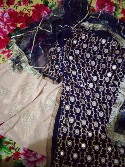 Stitched 3 piece navy blue mirror work party suit