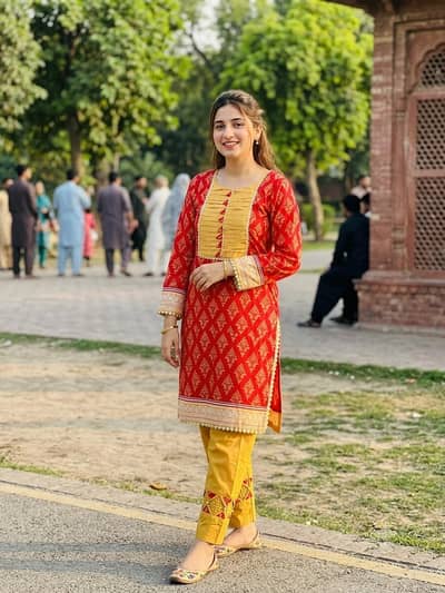 Red printed 3 piece kurta with designed trouser (casual)