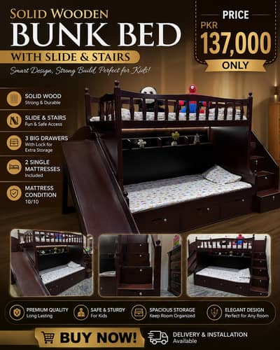 Solid Wooden Bunk Bed with Slide & Stairs | With Book Shelves & Storag
