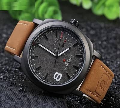 *GMT Chronometer Men's Leather Strap Watch - Matte Black & Brown*