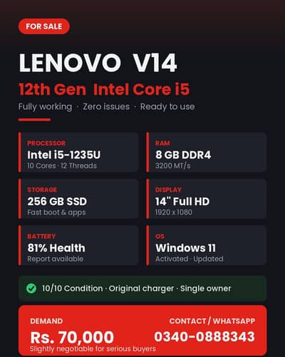 Lenovo V14 G3 i5 12th Gen 8GB/256GB SSD FHD 10/10 Original Charger