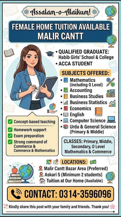 Female Home Tuition Available – Malir Cantt