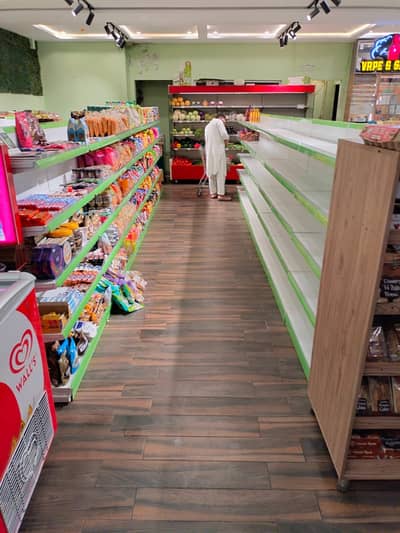 grocery store display racks and bakery counter shopping trolley