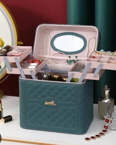 Portable Multi-Tier Makeup Train Case with Built-in Mirror