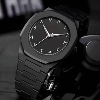 Black Minimalist Arabic Dial Aura Watch – Stainless Steel Strap with B