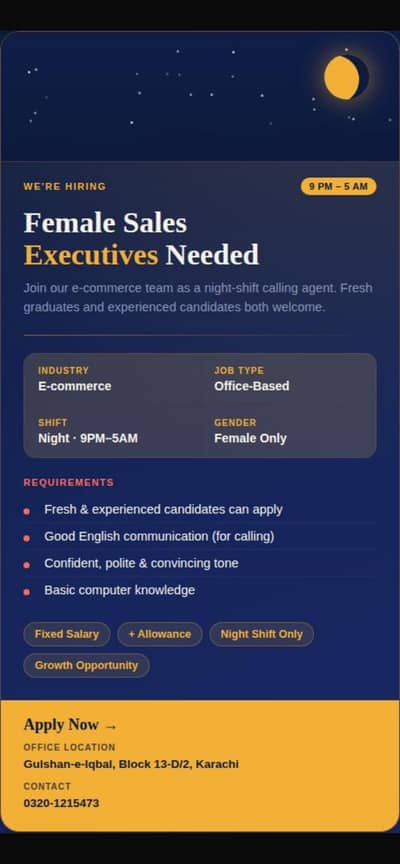 Female Sales Executive Required – Night Shift