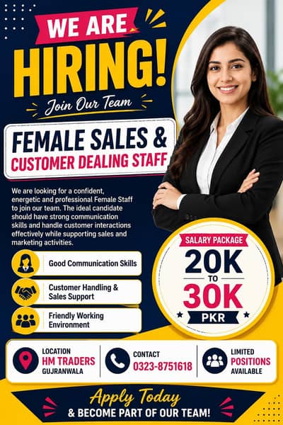 Female Sales & Customer Dealing staff required