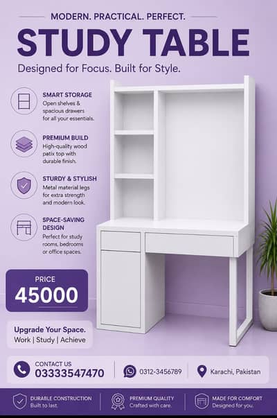 Brand New 6 Ft Study Table with Bookshelf & Storage