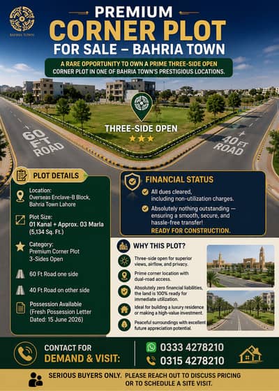 22.82 Marla 3-Side Open Corner Plot For Sale – Bahria Town Lahore