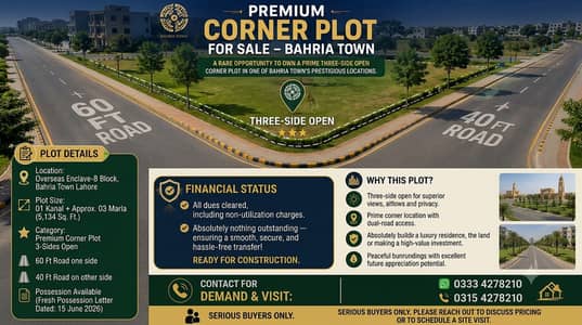 22.82 Marla 3-Side Open Corner Plot For Sale – Bahria Town Lahore