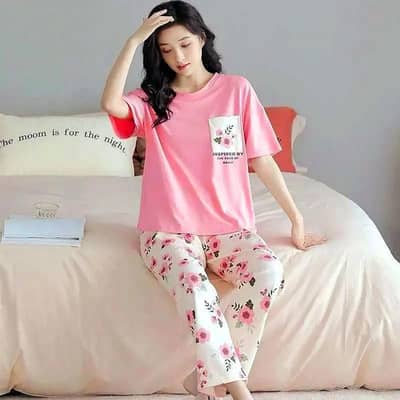 pink silk night suit with Heart print piping Set