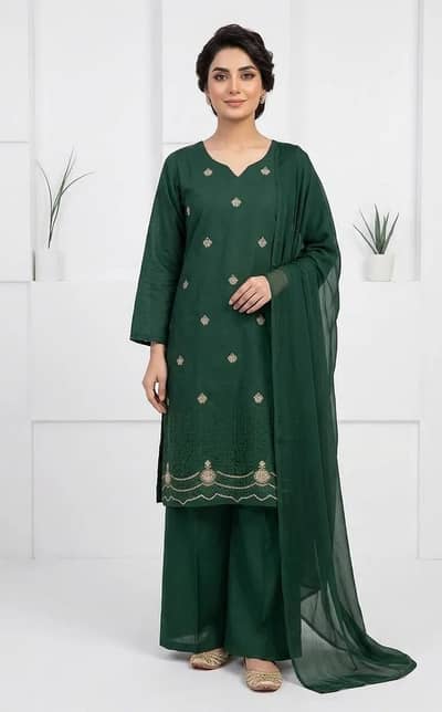 Green Embroidered 3-Piece Cotton Lawn Suit for Women