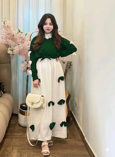 Green Georgette 2Pc Set Maxi Dress With Jacket Eid Spacial