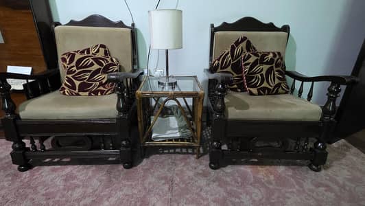 Solid Wooden 2-Seater Sofa Chairs with Glass-Top Side Table