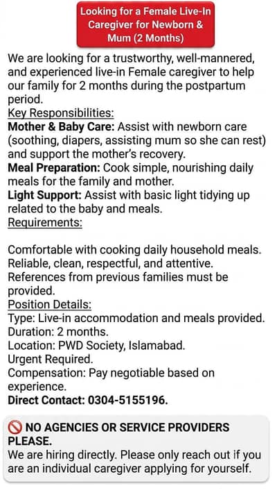 Caretaker / babysittier Required in Pwd Islamabad