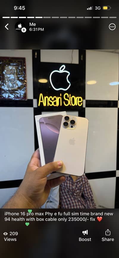 iPhone 16 pro max Phy e 256gb full sim time